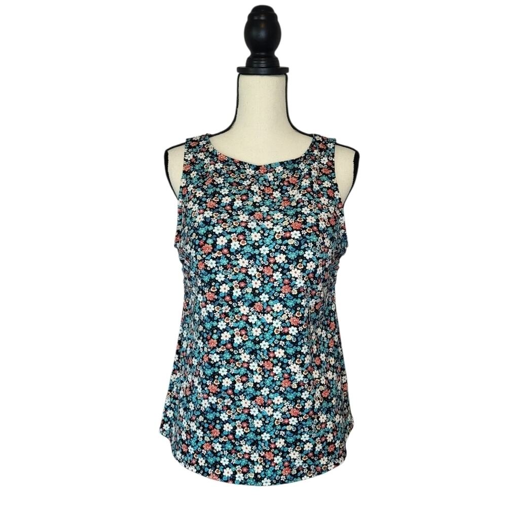 Lands End Swim Top Tankini 6 Black Blue Coral Ditsy Floral Padded Scoop Neck 14P